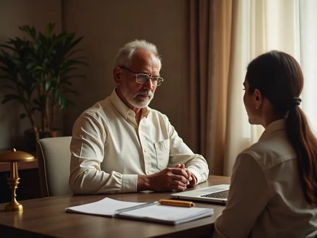 An astrologer and client in a calm consultation with a laptop and notebook