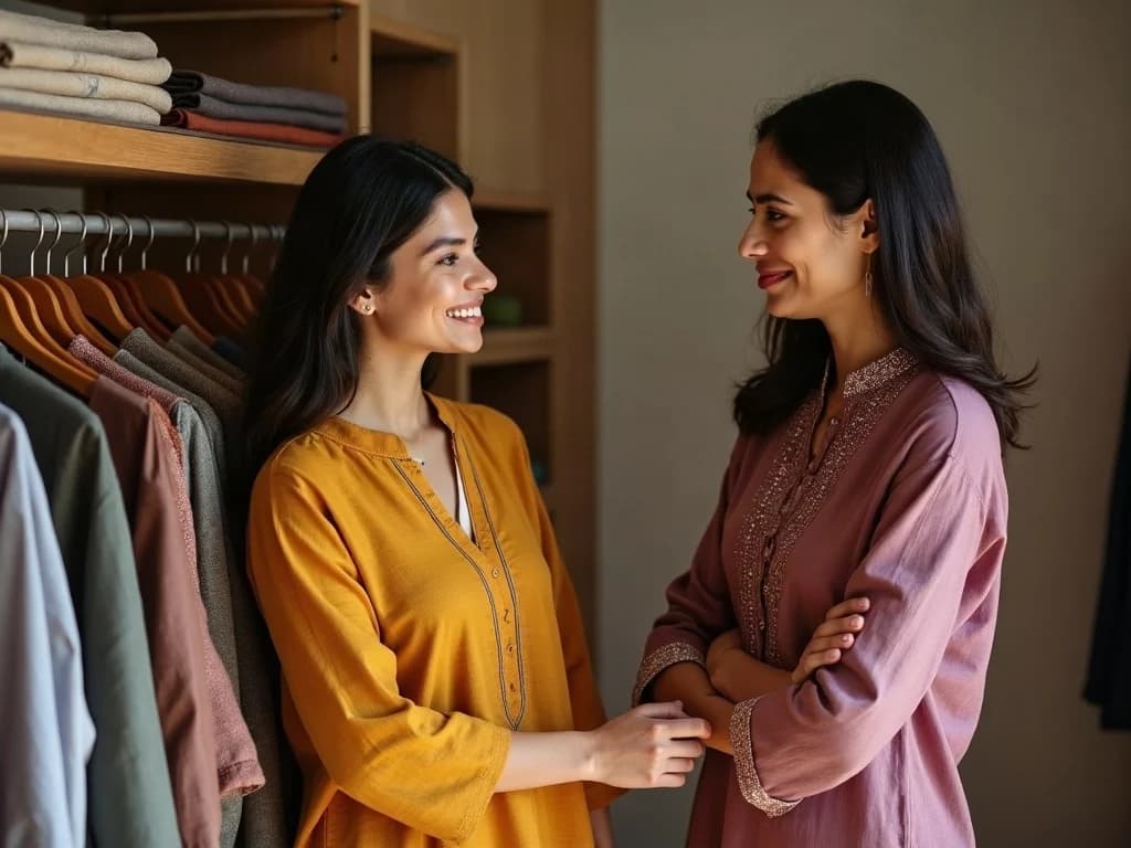 A customer discussing embroidered clothing with a boutique adviser