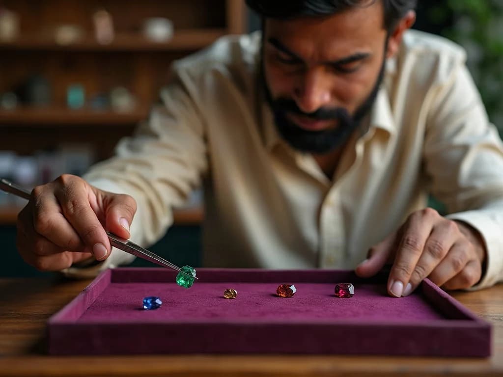 A gemstone specialist examining an emerald over a velvet tray