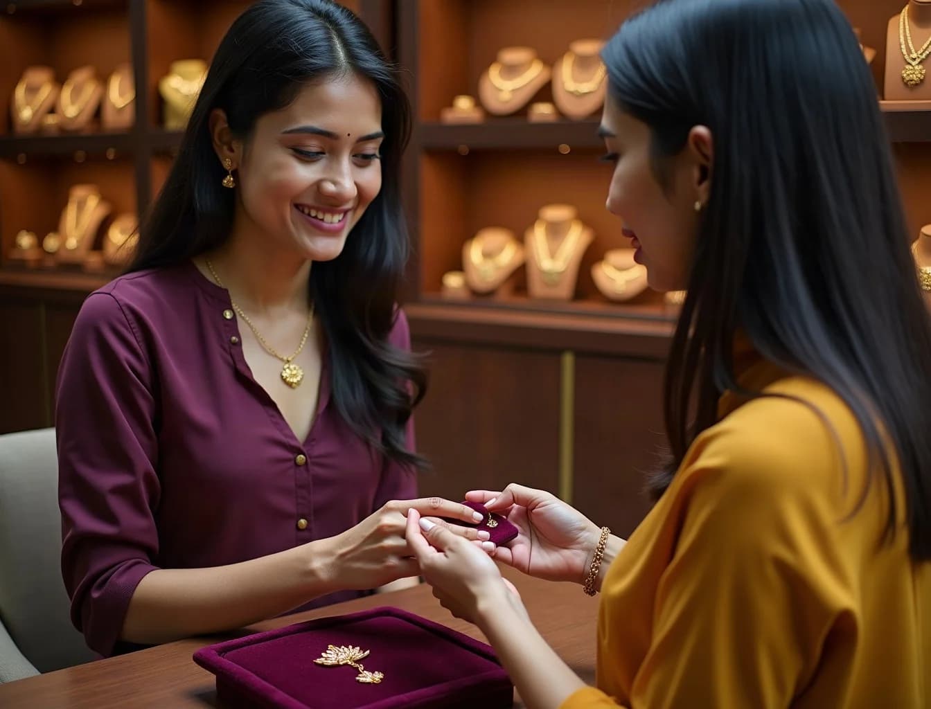 A jewellery adviser helping a customer choose a gold pendant