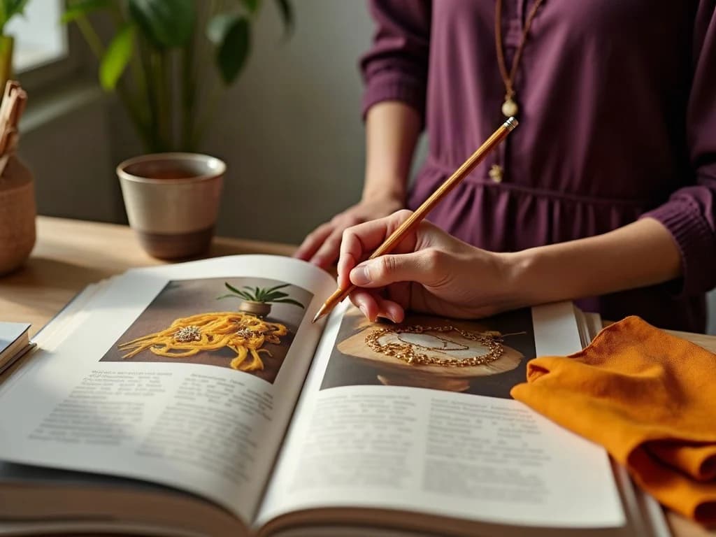 An editor reviewing a lifestyle magazine with jewellery and textile photography